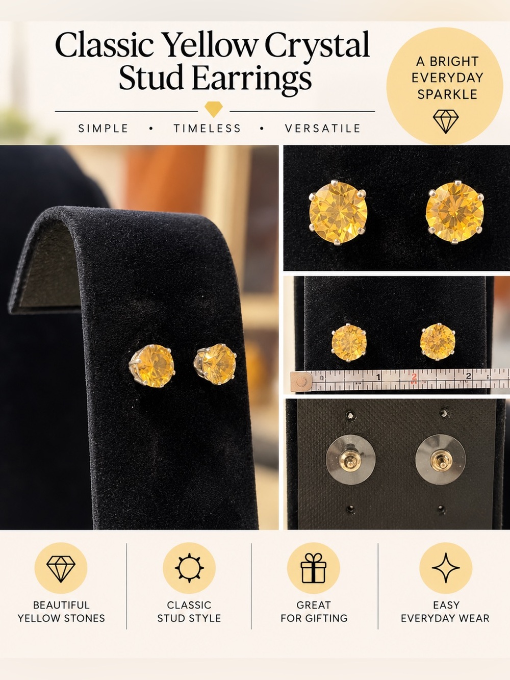 Classic Yellow Crystal diamond look Round Stud Earrings
